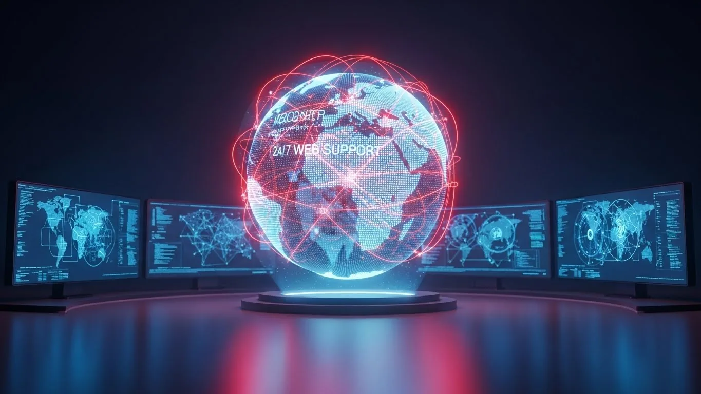 Um globo luminoso sobre um pedestal rotulado suporte web vinte e quatro sete, cercado de órbitas vermelhas e ladeado por monitores com painéis